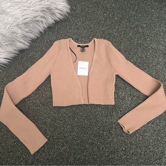 FOREVER 21 Nude Beige Tan Camel Cropped Ribbed Cardigan Sweater Top Shirt Sz M - Picture 8 of 16